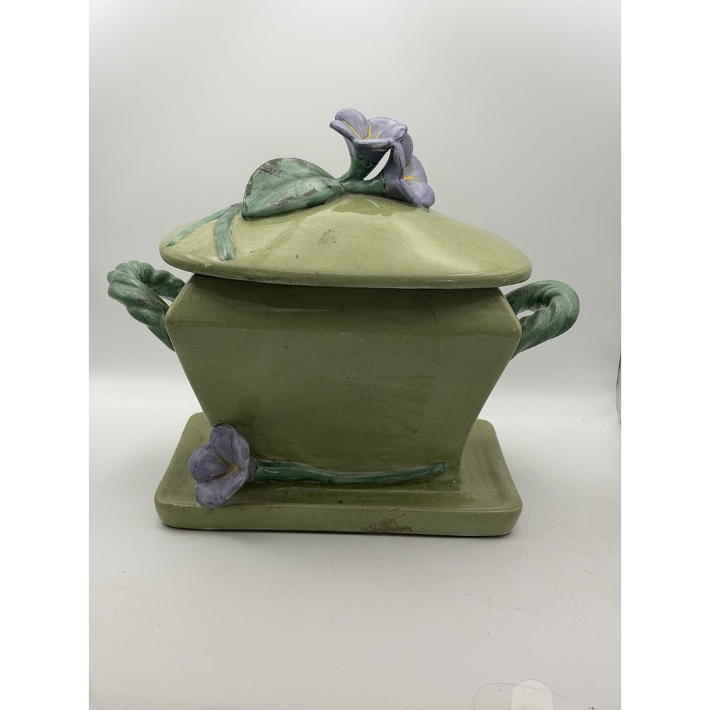 Vintage Green Ceramic Lidded Jar Purple Flowers Leaf Handles Decorative